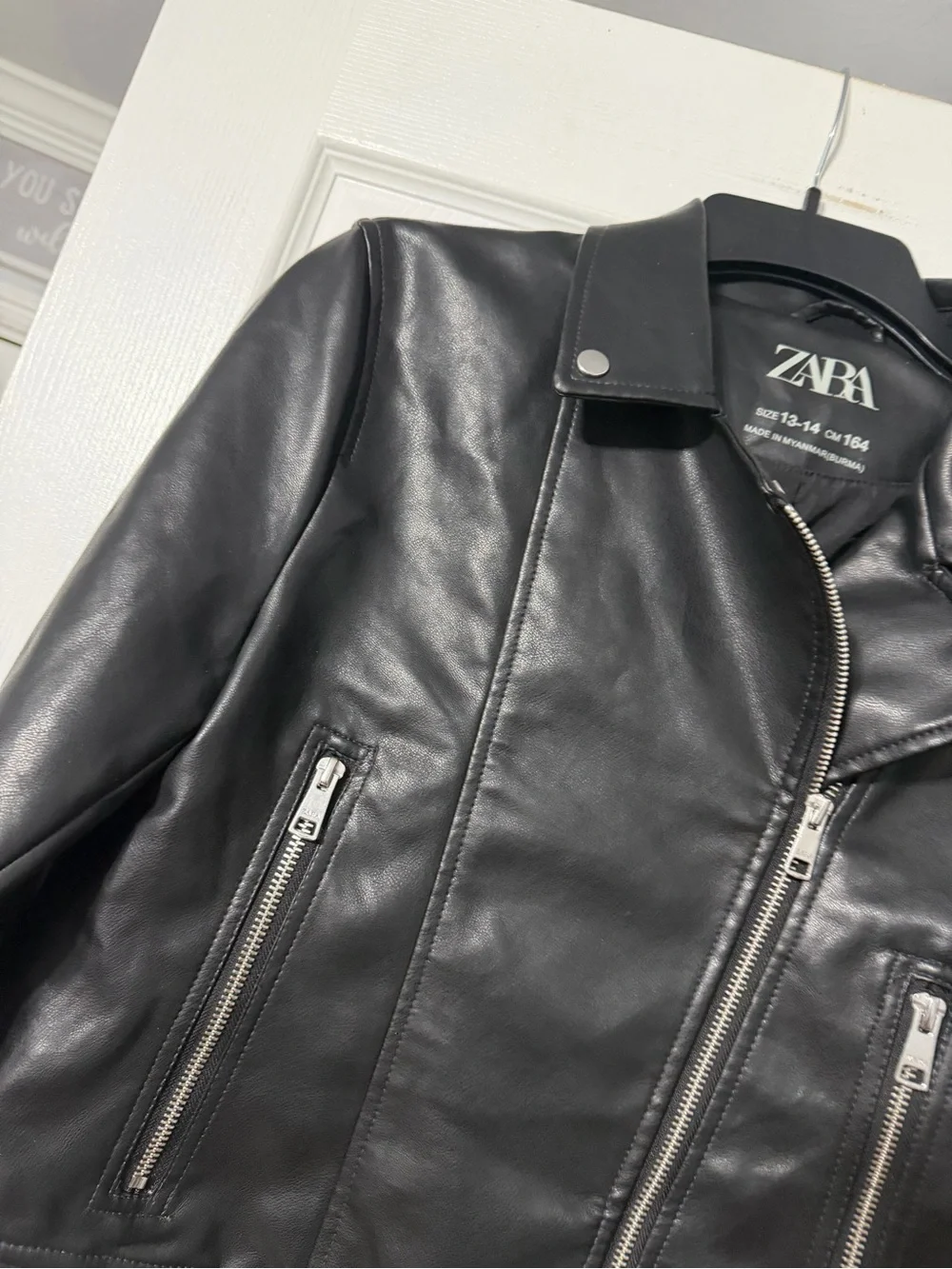Zara Girls/Womens 13/14 Black Leather Biker Jacket with Zip Pockets